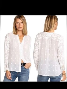 Johnny Was Winter Bunny Blouse White Eyelet Embroidered Sheer Floral EUC sz XS
